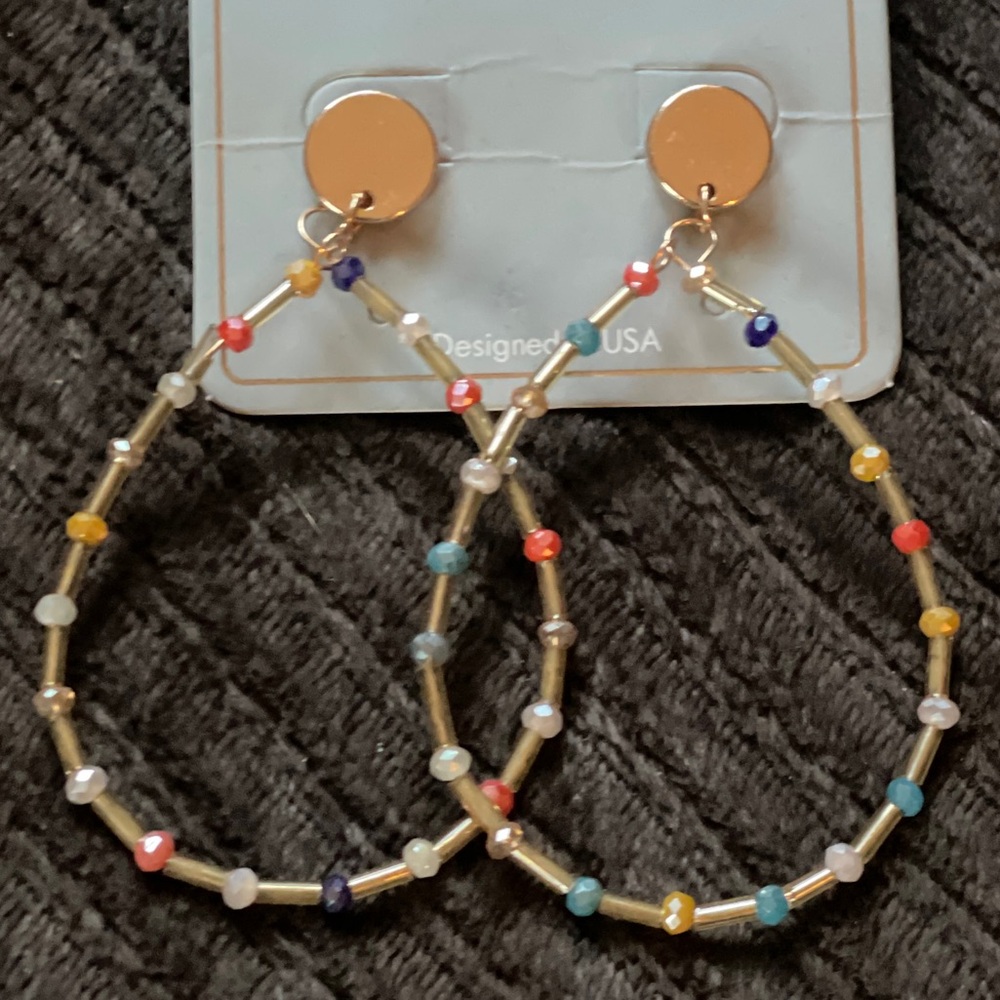 Gold Hoop Earrings with Multi Colored Beads - Picture 2 of 9